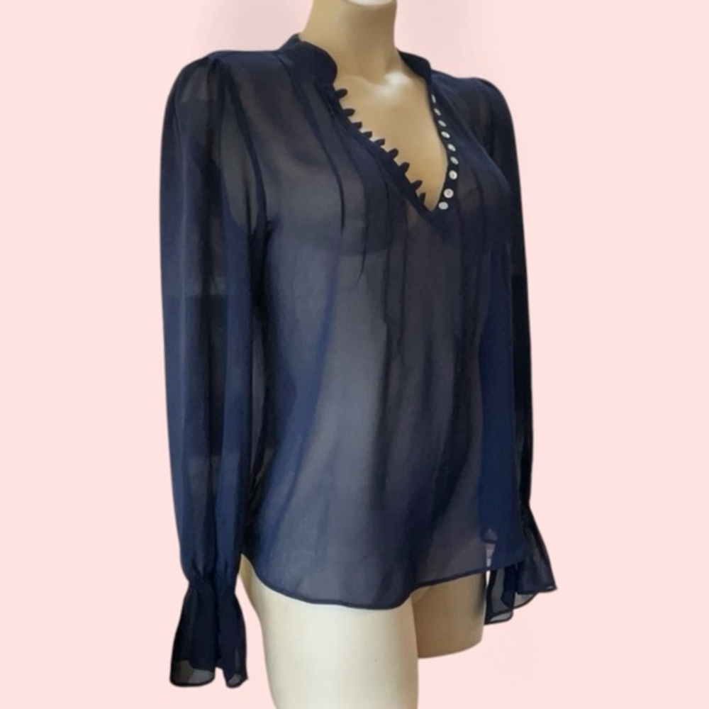 PJK Patterson J Kincaid Top Blouse Top navy blue sheer buttons‎ vneck  S XS